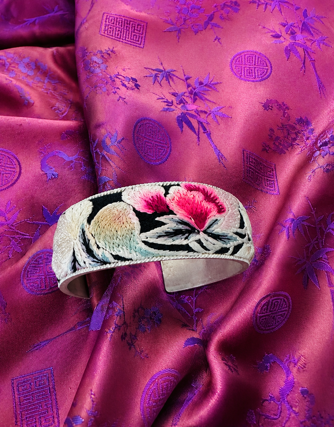 “Peony Moon” – Miao Silver & Hand-Embroidered Bangle