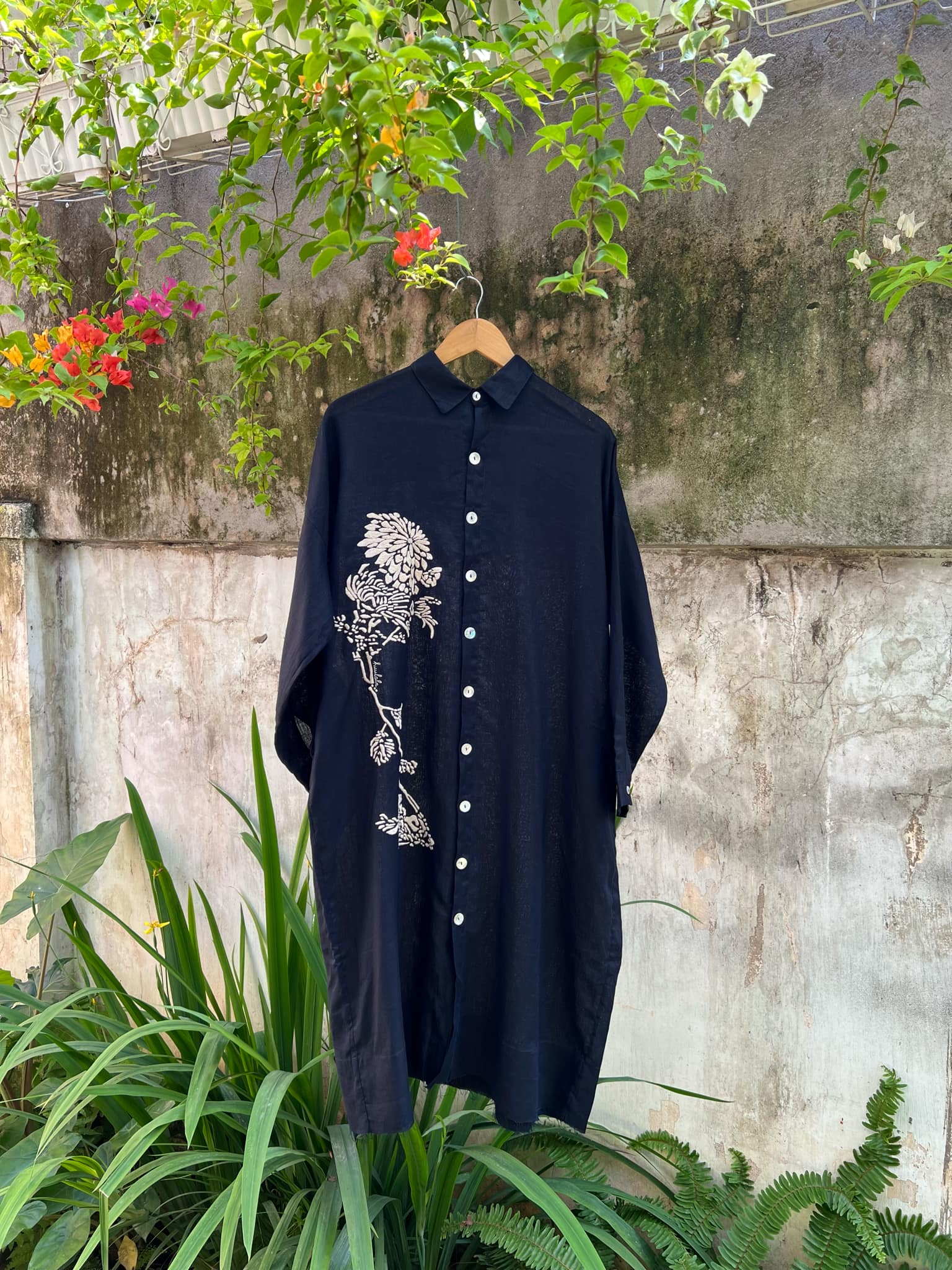 Vietnamese Embroidery - Serenade - Embroidered Linen Dress Shirt - front view in black by Huulala