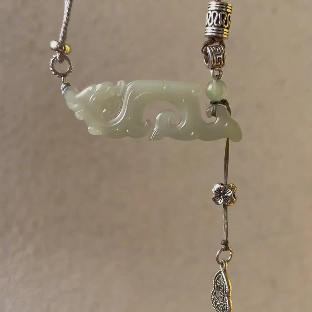 Traditional Motif - Celestial Dragon – Hand-Carved Nephrite Jade Necklace - front view in green by L'Orient Haus