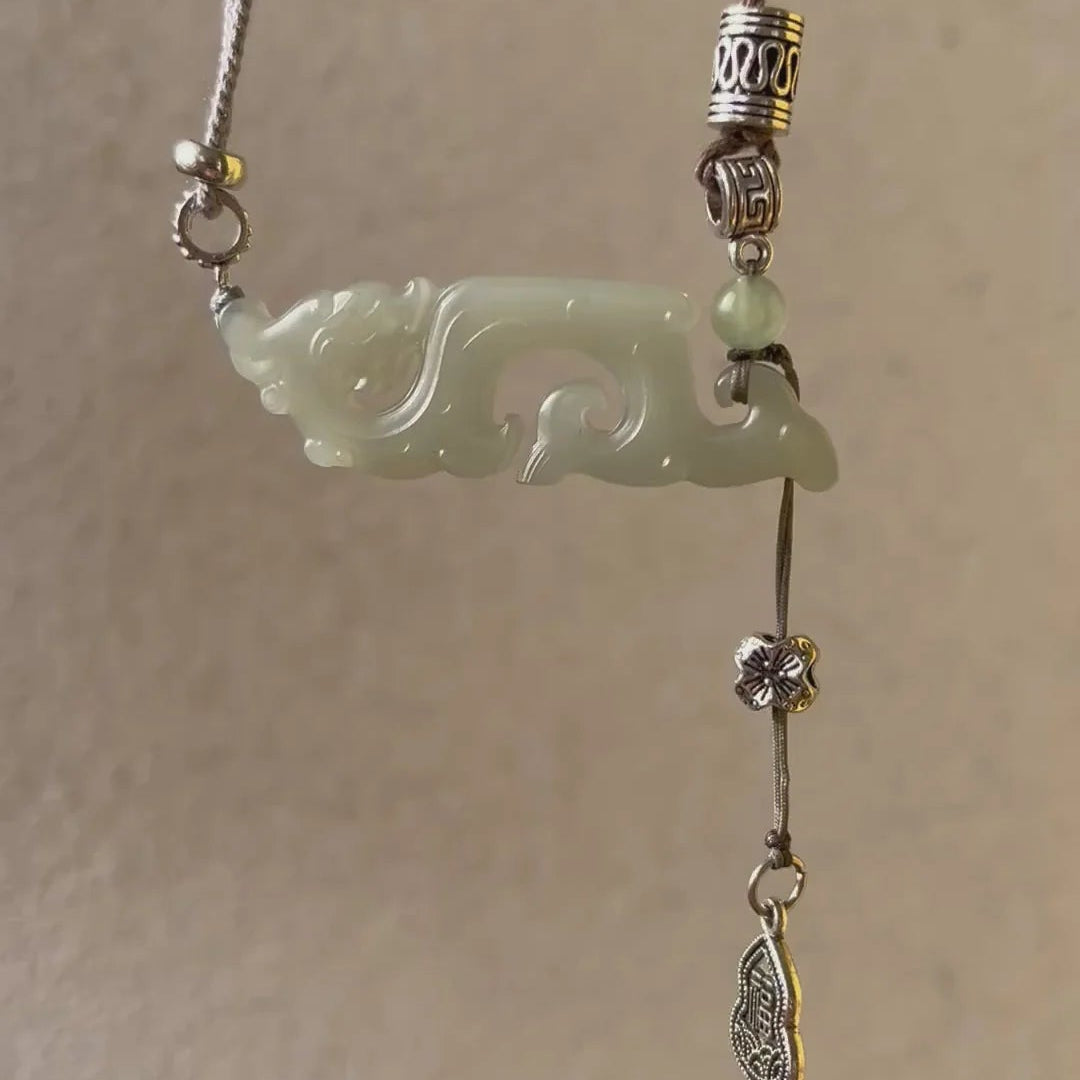 Traditional Motif - Celestial Dragon – Hand-Carved Nephrite Jade Necklace - front view in green by L'Orient Haus