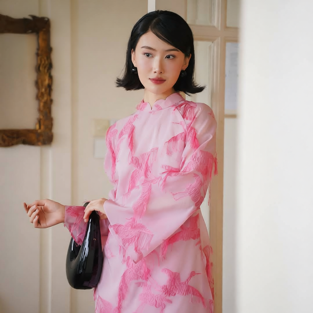 Vietnamese Ao Dai - Hac Son - Embroidered Organza Ao Dai set in Pink [Wedding Collection] - front view in silk in pink by SON