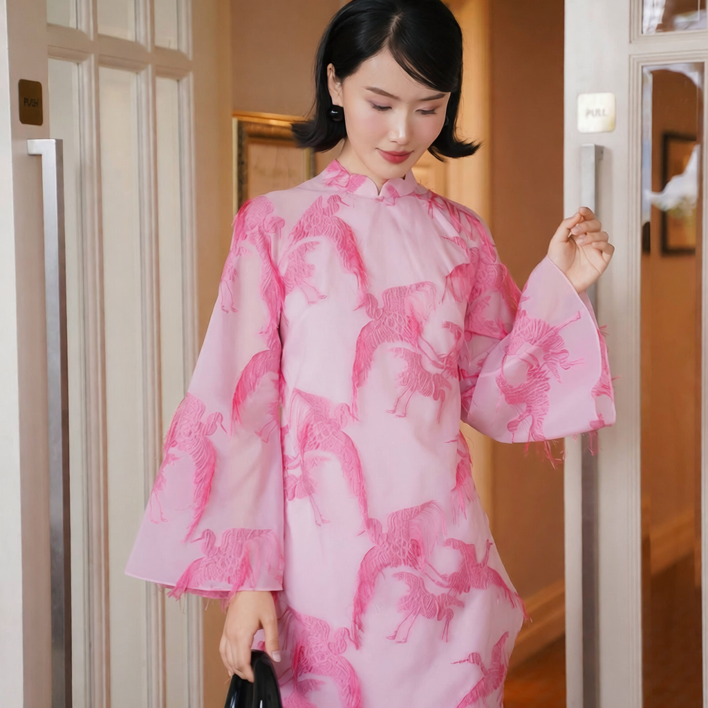 Vietnamese Ao Dai - Hac Son - Embroidered Organza Ao Dai set in Pink [Wedding Collection] - front view in silk in pink by SON