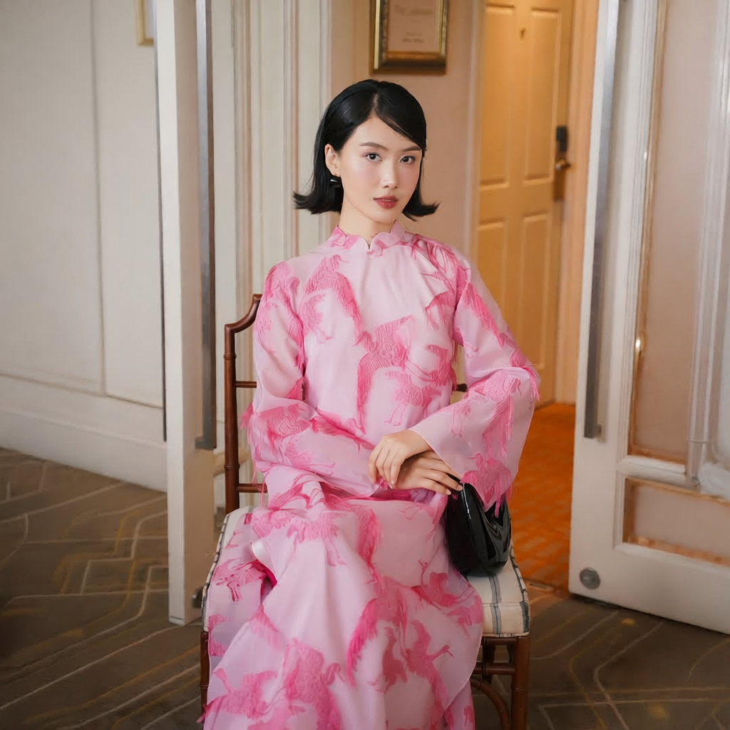 Vietnamese Ao Dai - Hac Son - Embroidered Organza Ao Dai set in Pink [Wedding Collection] - front view in silk in pink by SON