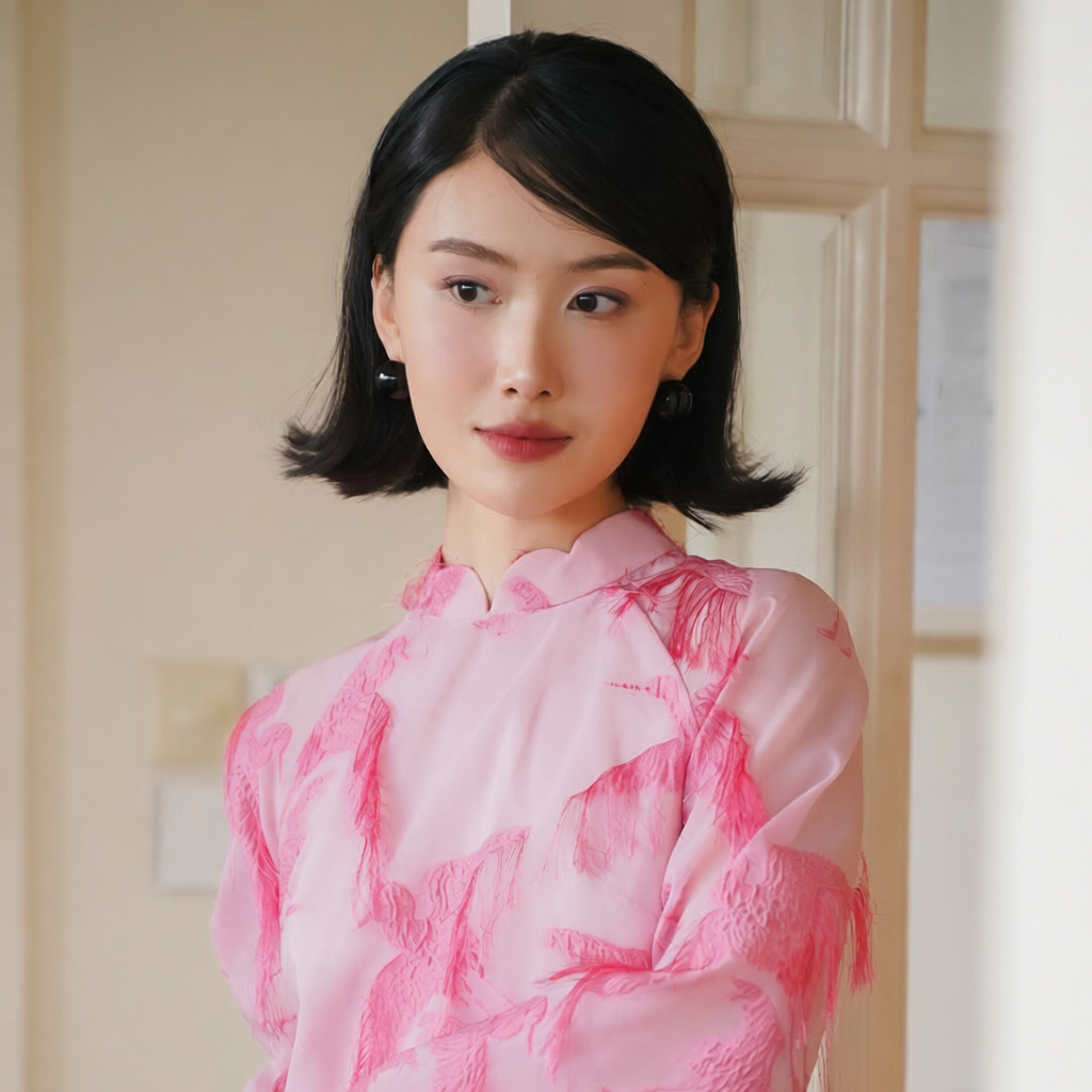 Vietnamese Ao Dai - Hac Son - Embroidered Organza Ao Dai set in Pink [Wedding Collection] - front view in silk in pink by SON