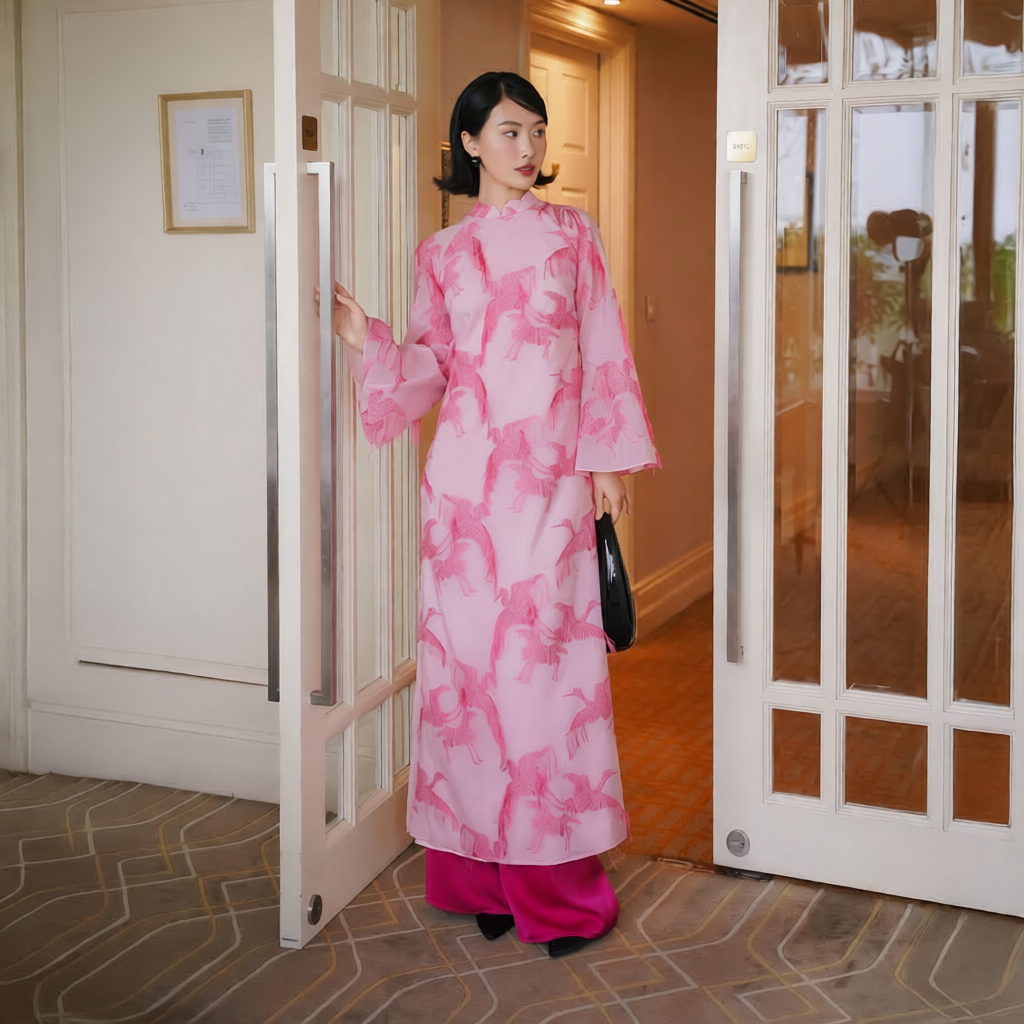 Hac Son - Embroidered Organza Ao Dai set in Pink [Wedding Collection] - side profile by SON