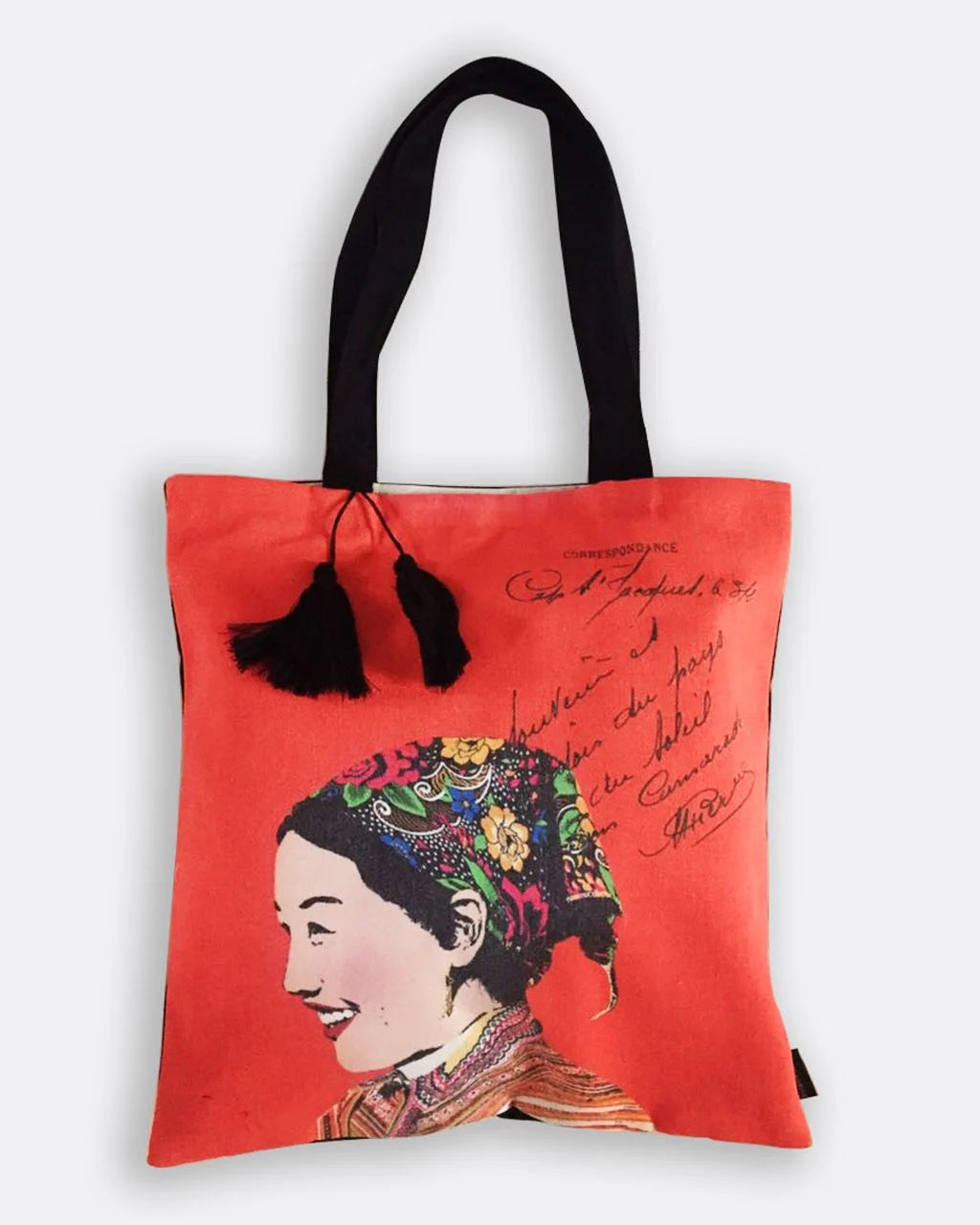 "Miss Xuan green tote bag by Bat-trang with traditional Vietnamese woven patterns and colorful design."