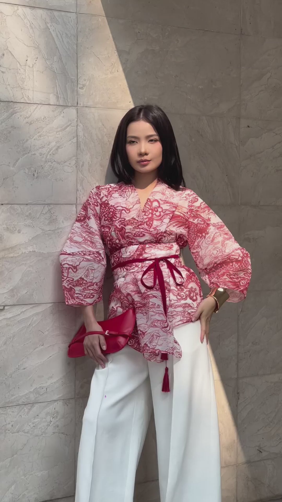 "Vĩ" Kimono Top  -  Silk Organza in Red