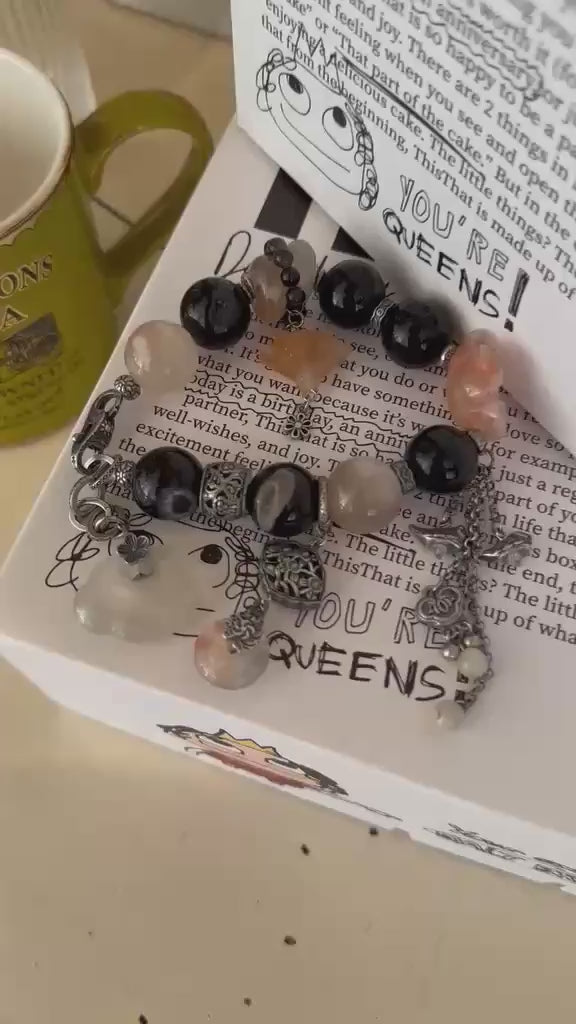 "Hỷ Minh” – Designer's Natural Marble Bracelet in Midnight and Apricot