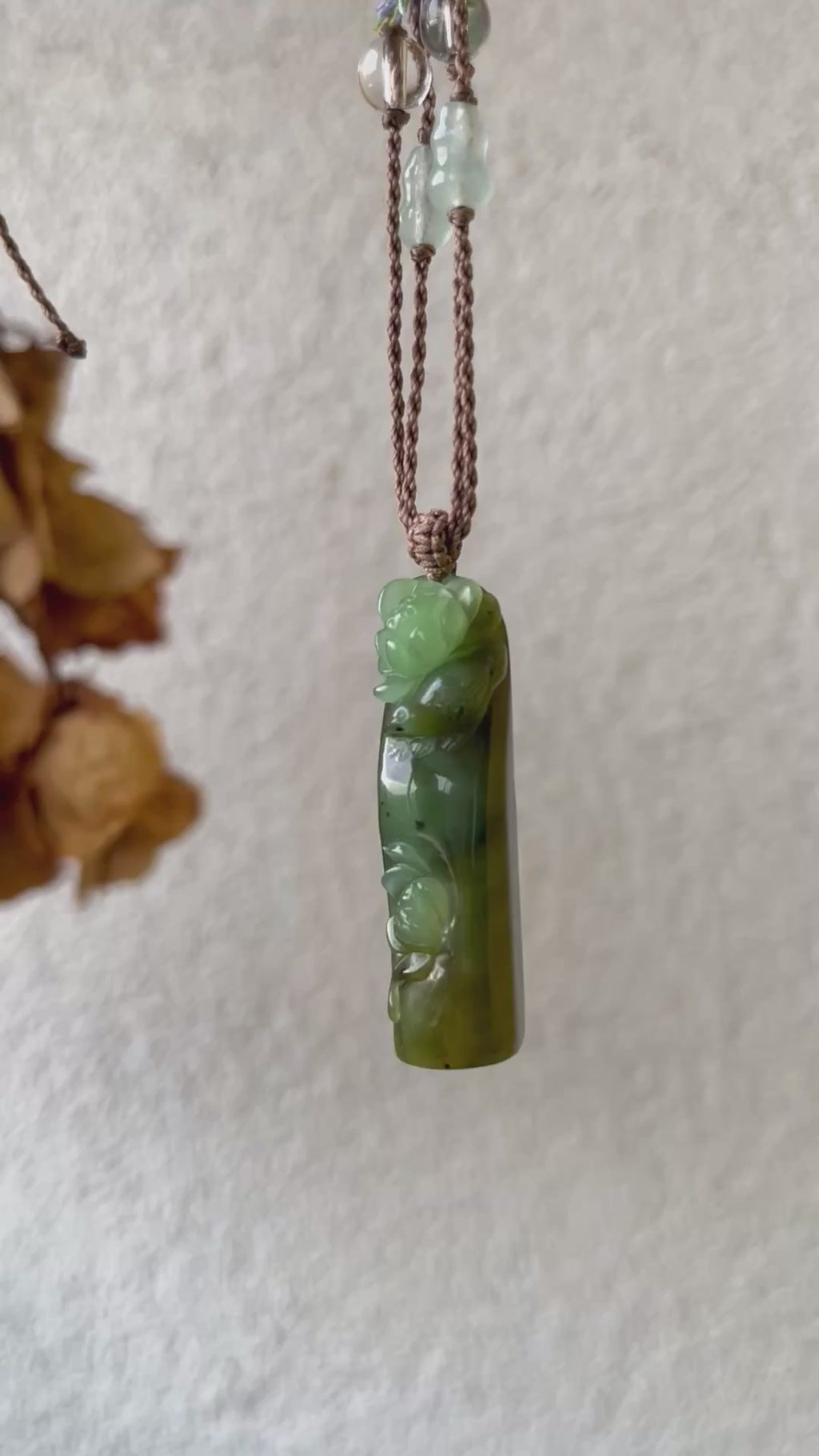 “Song of the Lotus” - Hand Carved Green Hetian Jade Lotus and Magpie Pendant | 手雕和田碧玉喜鹊荷花吊坠