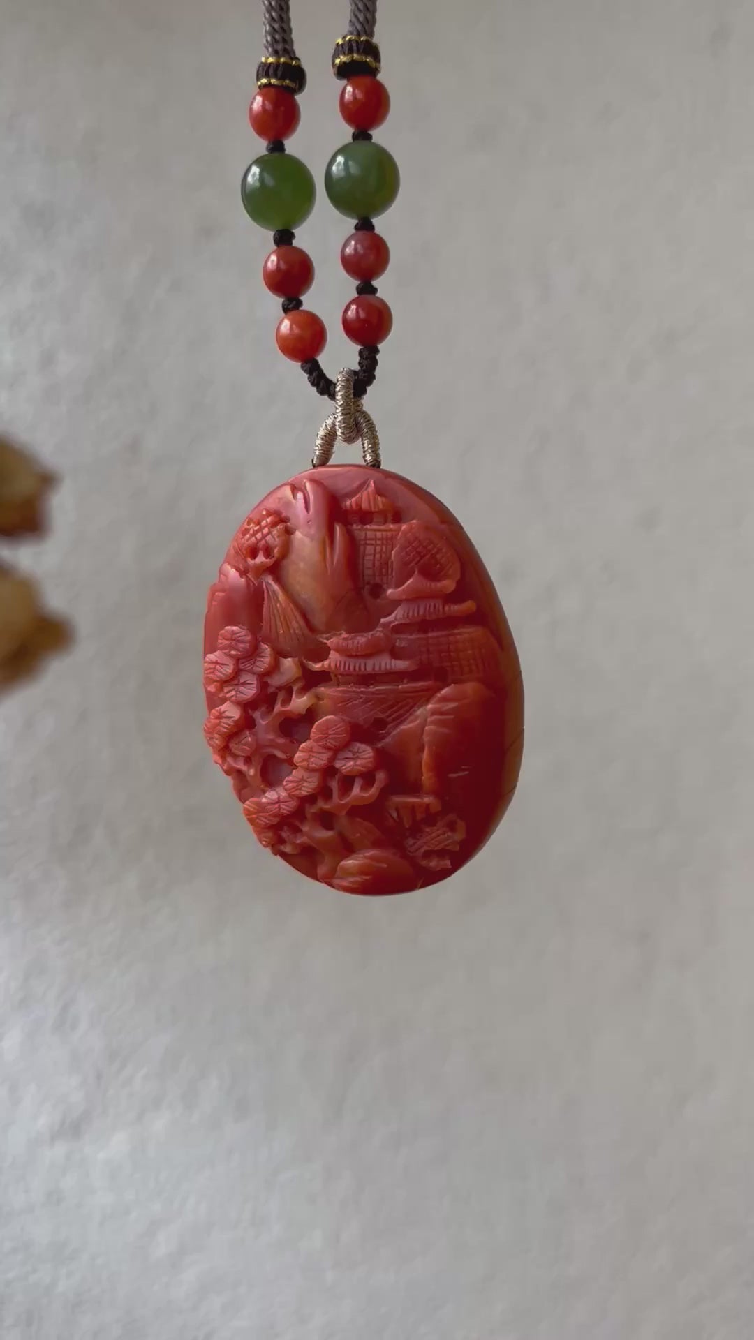 “Crimson Horizon” - Necklace with a Hand Carved Nanhong Agate Landscape Pendant, 手雕南红山水