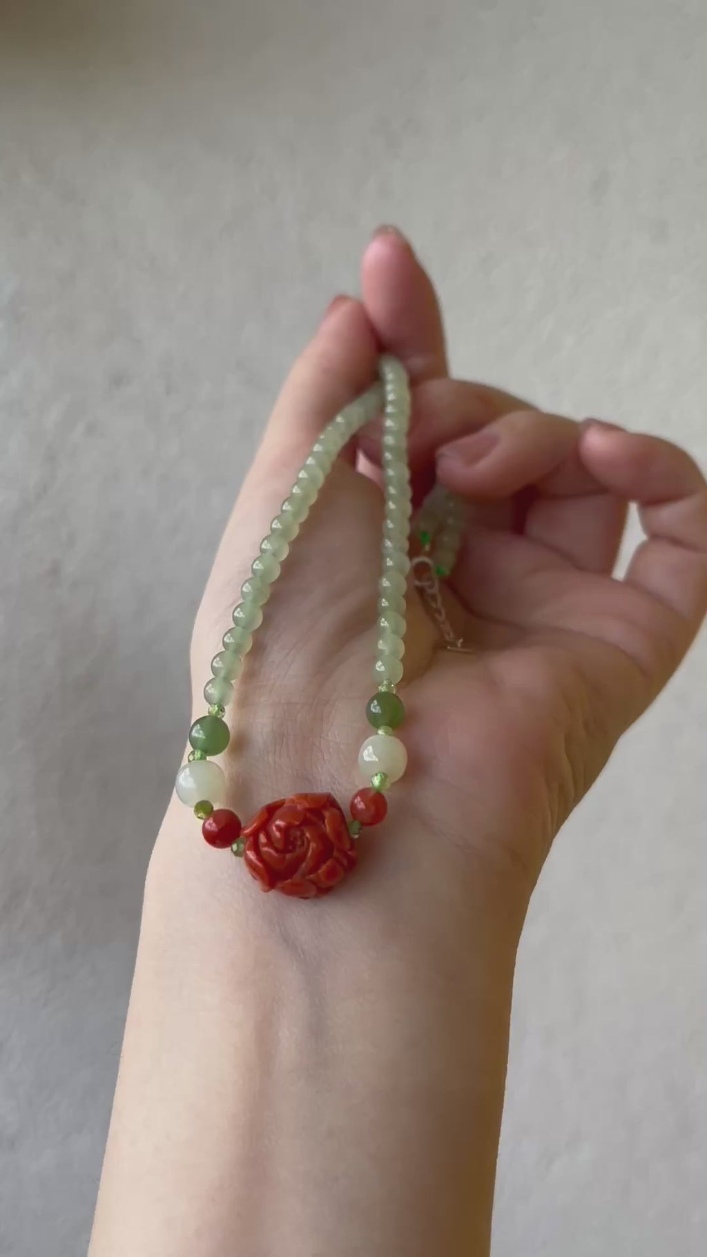 "Peony Bloom" - Nephrite & Nanhong Peony Necklace in tiny beads