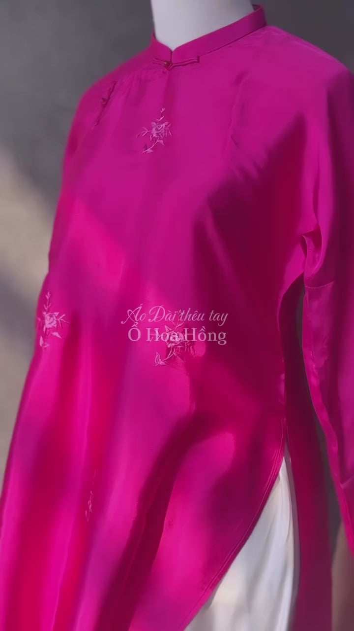 Rose Bunches Ao-dai Set - Premium Hand-embroidered Wormsilk in Fuschia - detail close-up video by Moc Nhieu