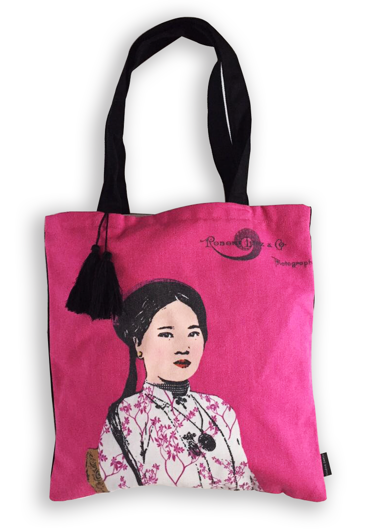 Vietnamese Ao Dai - “People of the Orient Tote - Miss Xuan (Green) - front view in cotton in pink by Bat-trang