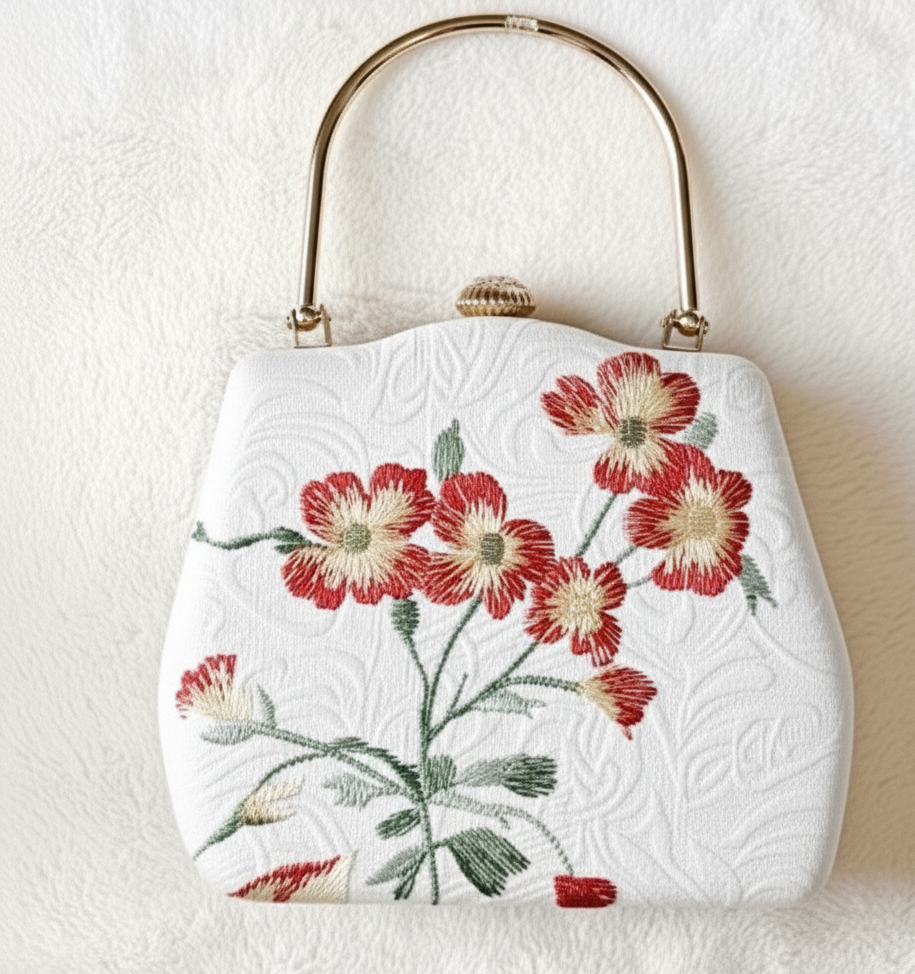 Tue Lan — Embroidered Viscose Handbag with Metal Handle in White/Pink - flat lay display by Moc - Bags
