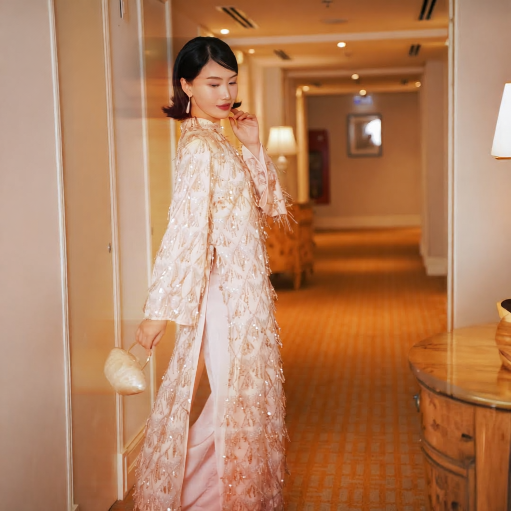 Vietnamese Ao Dai - Thuoc Son - Sequined Ao Dai set in Blush Pink [Wedding Collection] - side profile in silk in pink by SON