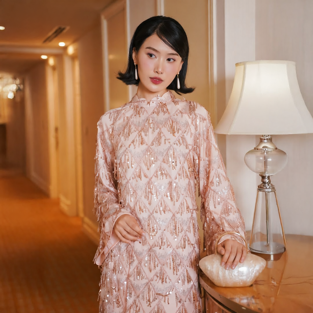 Vietnamese Ao Dai - Thuoc Son - Sequined Ao Dai set in Blush Pink [Wedding Collection] - front view in silk in pink by SON