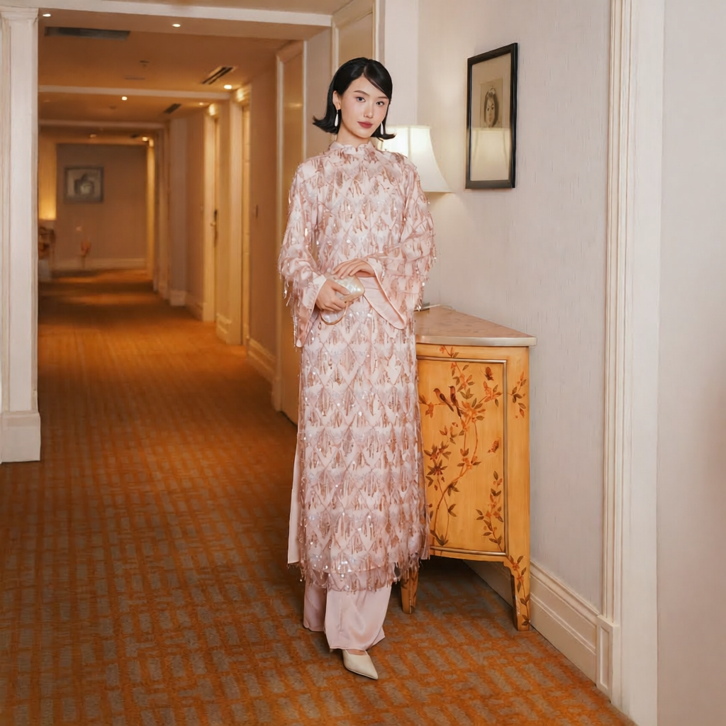 Vietnamese Ao Dai - Thuoc Son - Sequined Ao Dai set in Blush Pink [Wedding Collection] - front view in silk in pink by SON