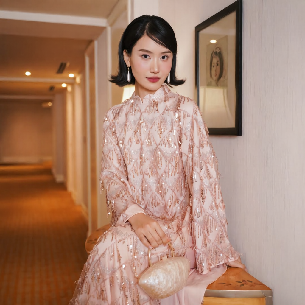 Vietnamese Ao Dai - Thuoc Son - Sequined Ao Dai set in Blush Pink [Wedding Collection] - front view in silk in pink by SON