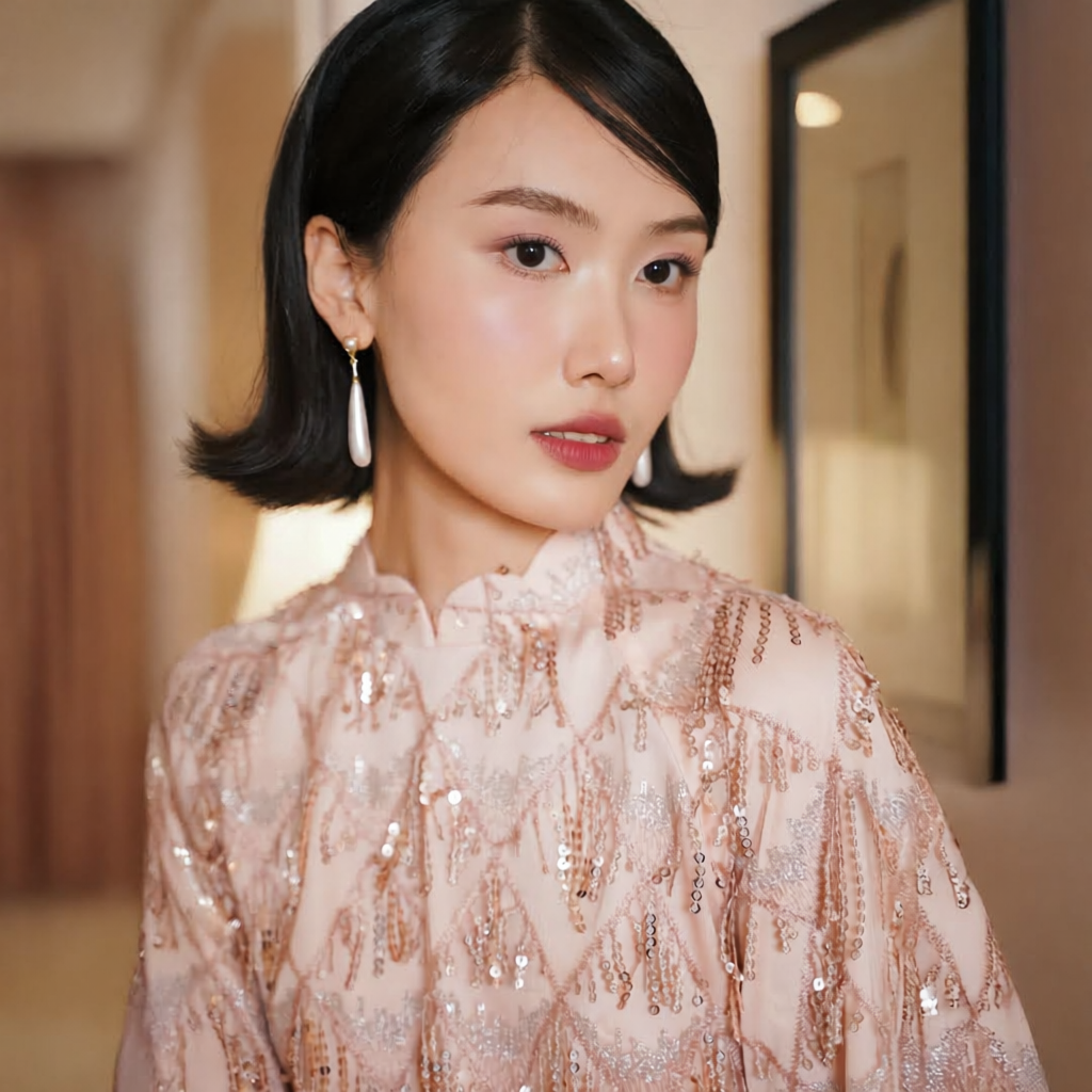 Vietnamese Ao Dai - Thuoc Son - Sequined Ao Dai set in Blush Pink [Wedding Collection] - front view in silk in pink by SON