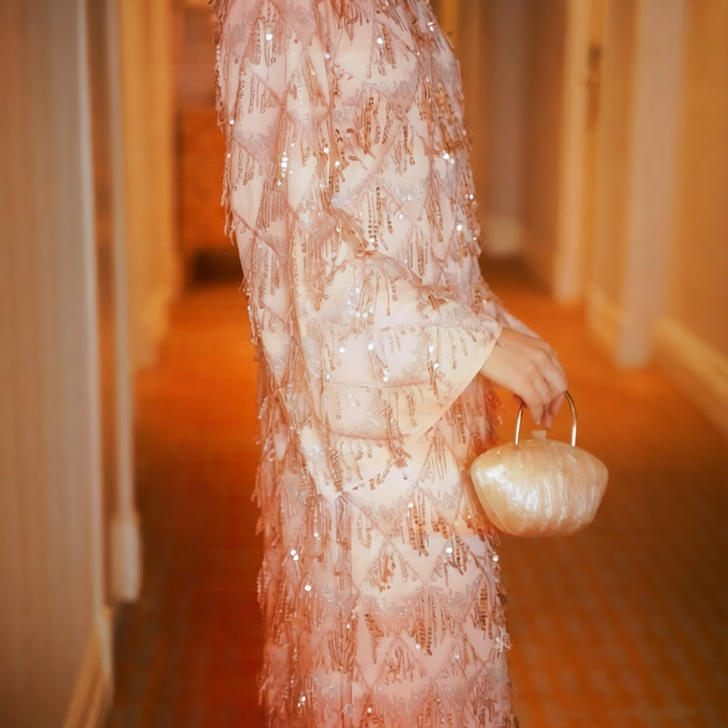 Thuoc Son - Sequined Ao Dai set in Blush Pink [Wedding Collection] - side profile by SON