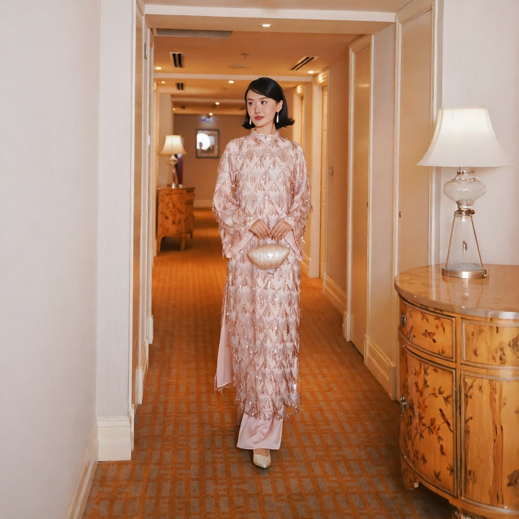 Vietnamese Ao Dai - Thuoc Son - Sequined Ao Dai set in Blush Pink [Wedding Collection] - front view in silk in pink by SON