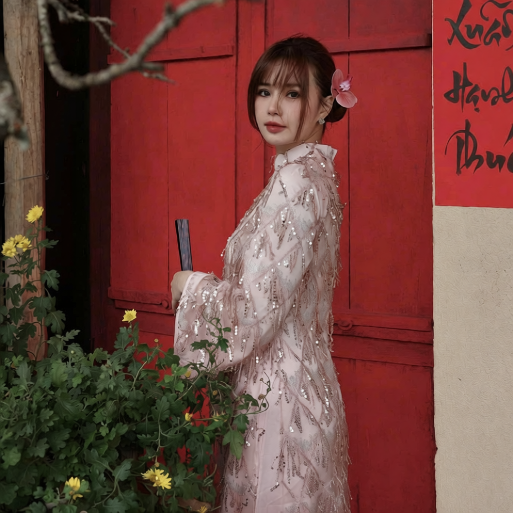 Vietnamese Ao Dai - Thuoc Son - Sequined Ao Dai set in Blush Pink [Wedding Collection] - front view in silk in pink by SON
