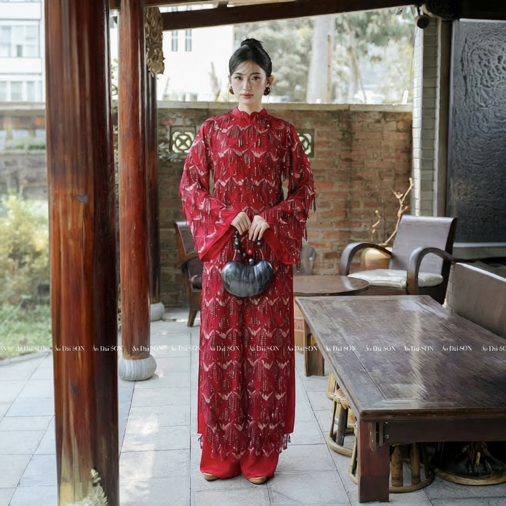 Vietnamese Ao Dai - Thuoc Son - Sequined Ao Dai set in Red [Wedding Collection] - front view in silk in red by SON