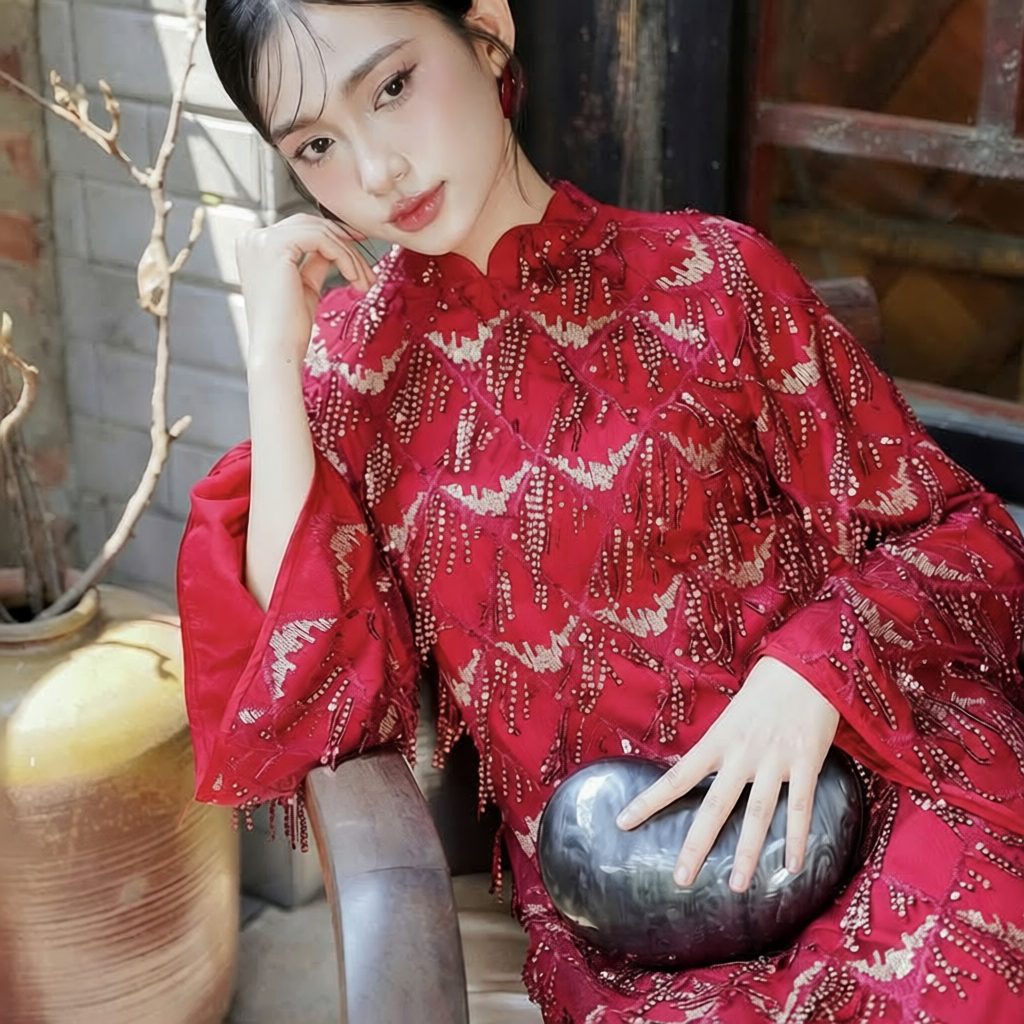 Vietnamese Embroidery - Thuoc Son - Sequined Ao Dai set in Red [Wedding Collection] - front view in silk in red by SON