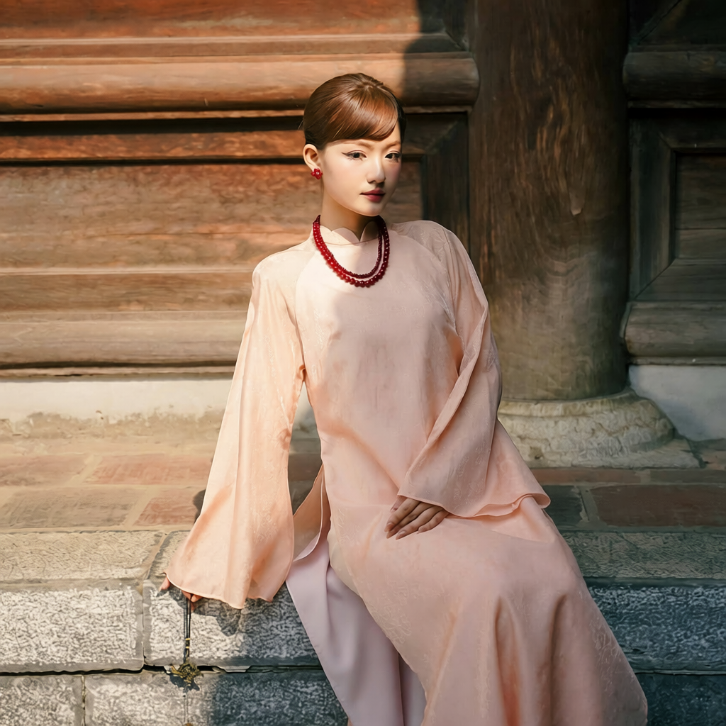 Vietnamese Ao Dai - Thy Son Ao Dai set in Blush Pink - side profile in silk in peach by SON