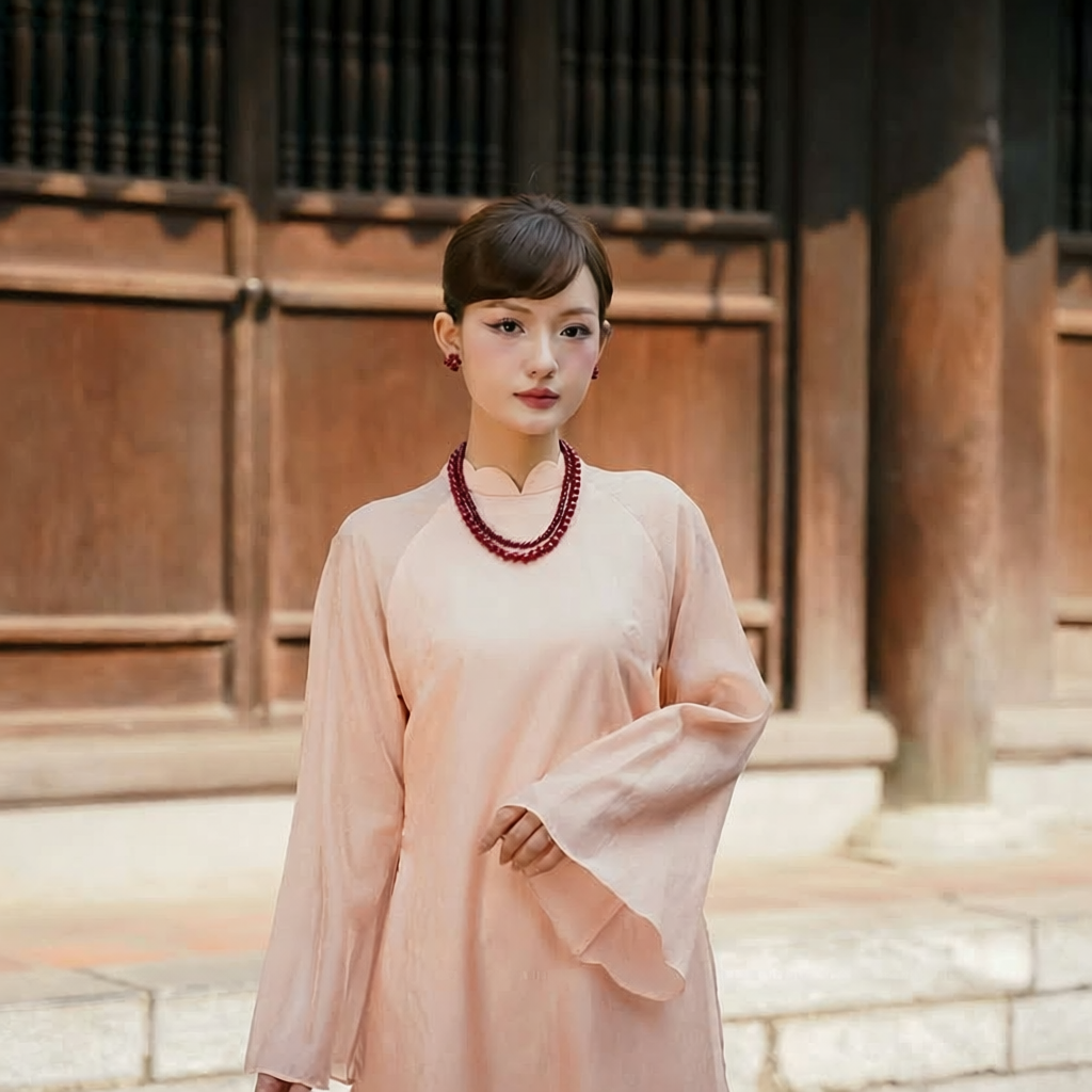 Vietnamese Ao Dai - Thy Son Ao Dai set in Blush Pink - front view in silk in peach by SON