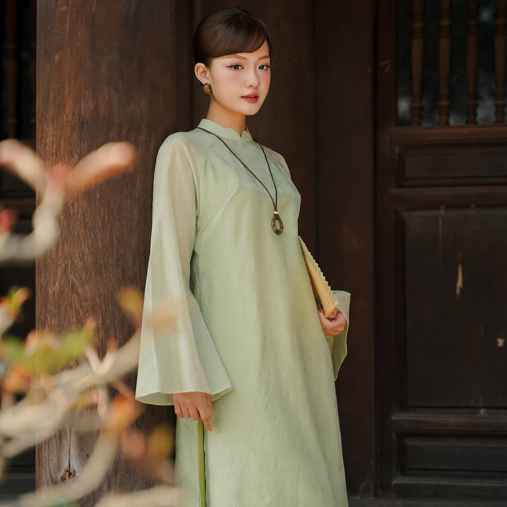 Vietnamese Ao Dai - Thy Son Ao Dai set in Light Green - front view in silk in light green by SON
