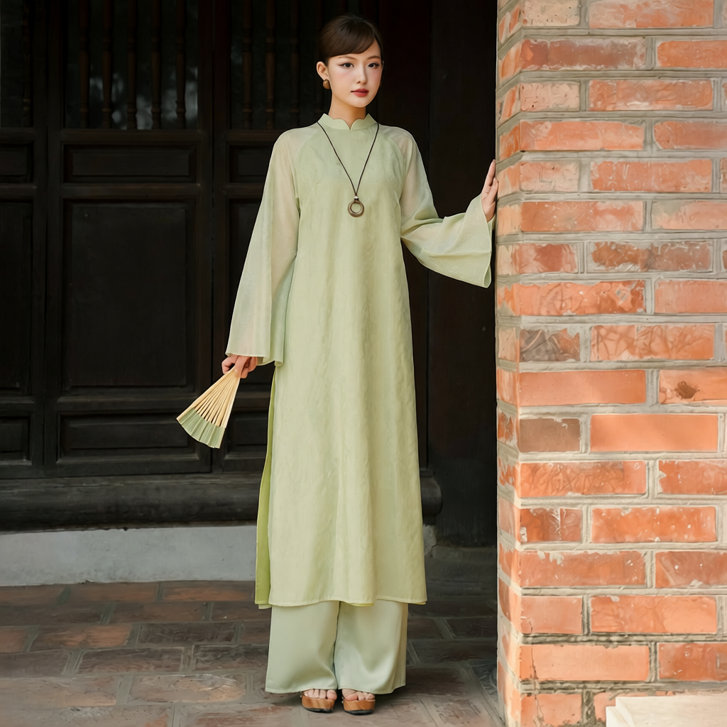 Vietnamese Ao Dai - Thy Son Ao Dai set in Light Green - front view in silk in light green by SON