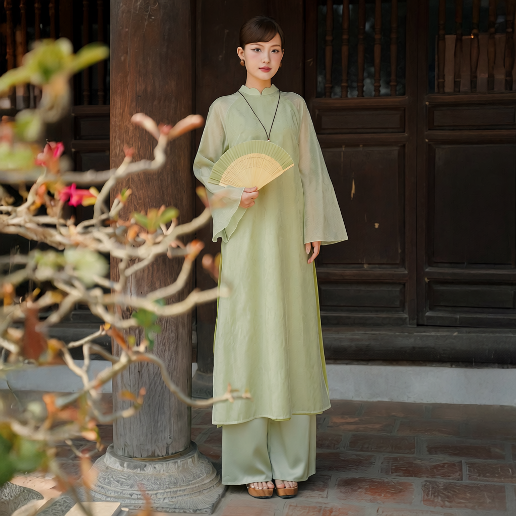 Vietnamese Ao Dai - Thy Son Ao Dai set in Light Green - front view in silk in light green by SON