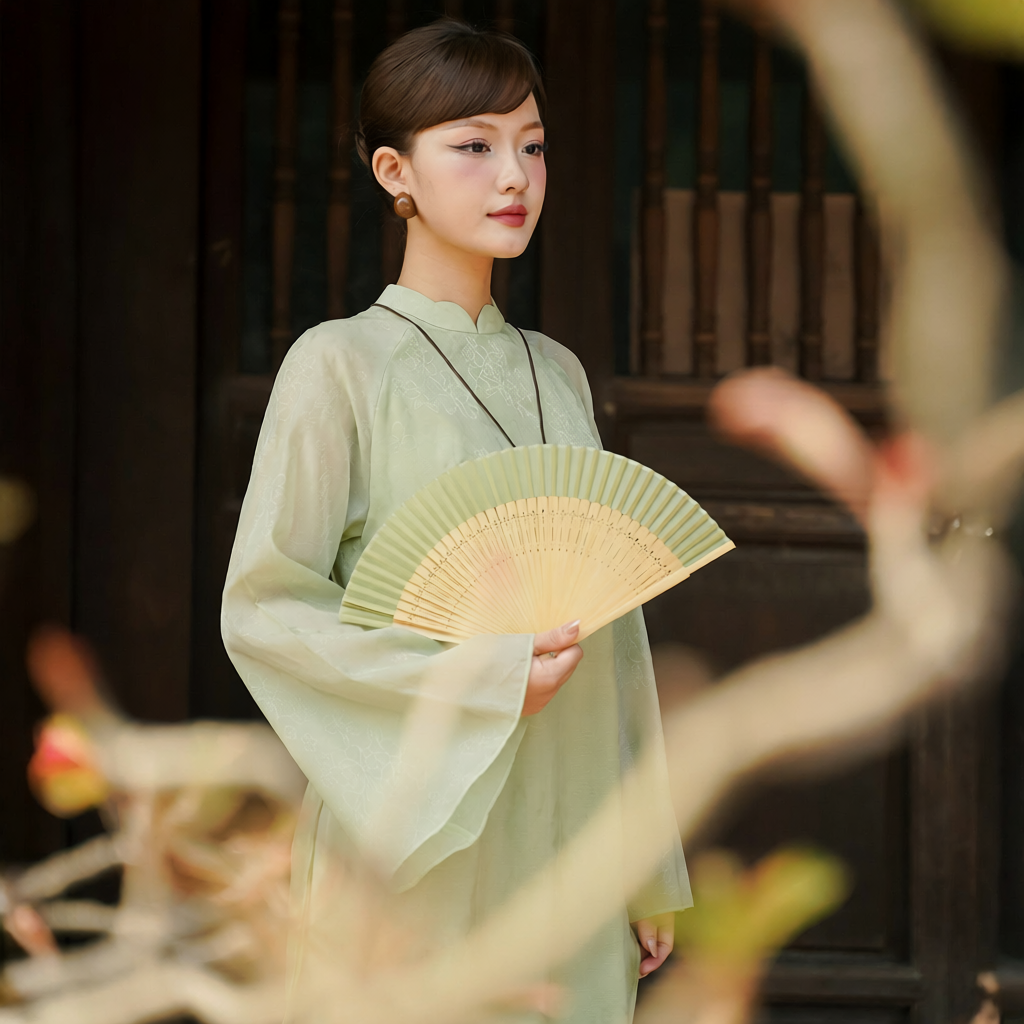 Vietnamese Ao Dai - Thy Son Ao Dai set in Light Green - front view in silk in light green by SON