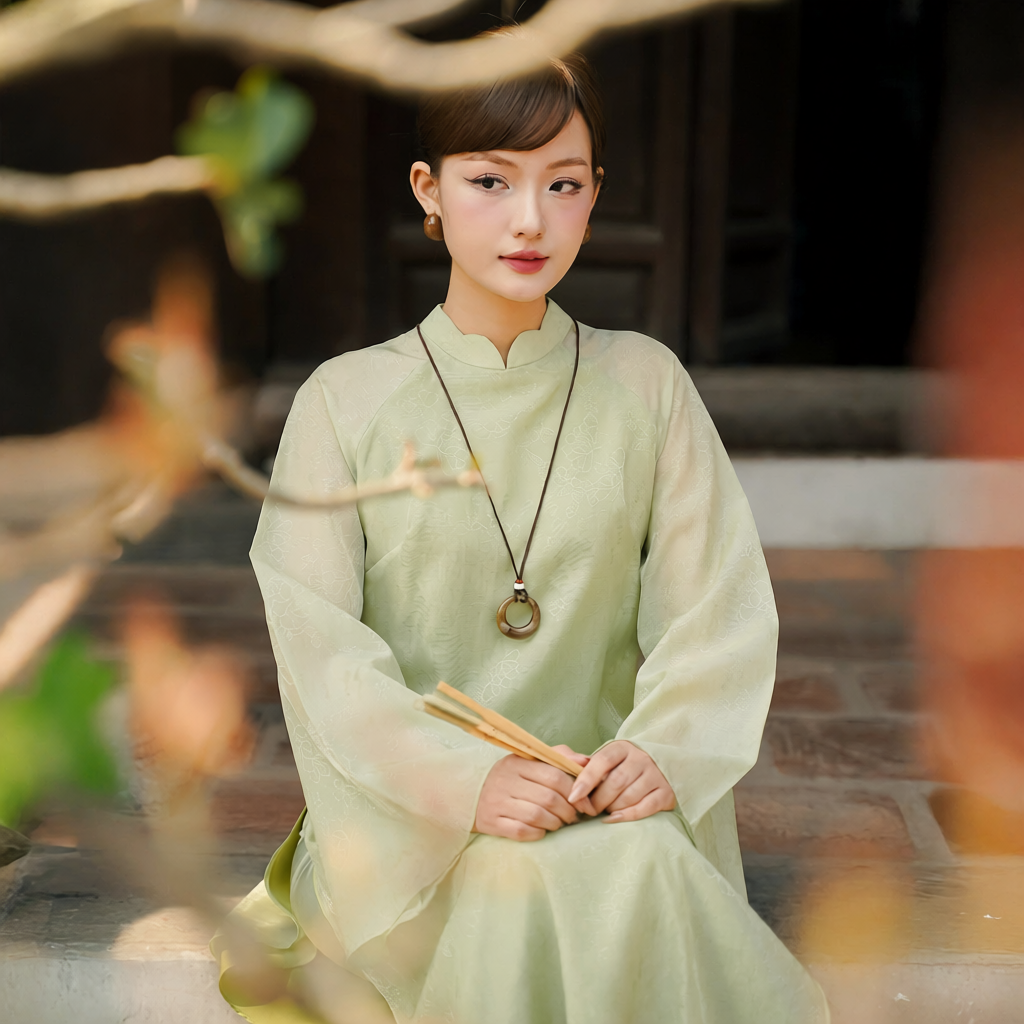 Vietnamese Ao Dai - Thy Son Ao Dai set in Light Green - front view in silk in light green by SON
