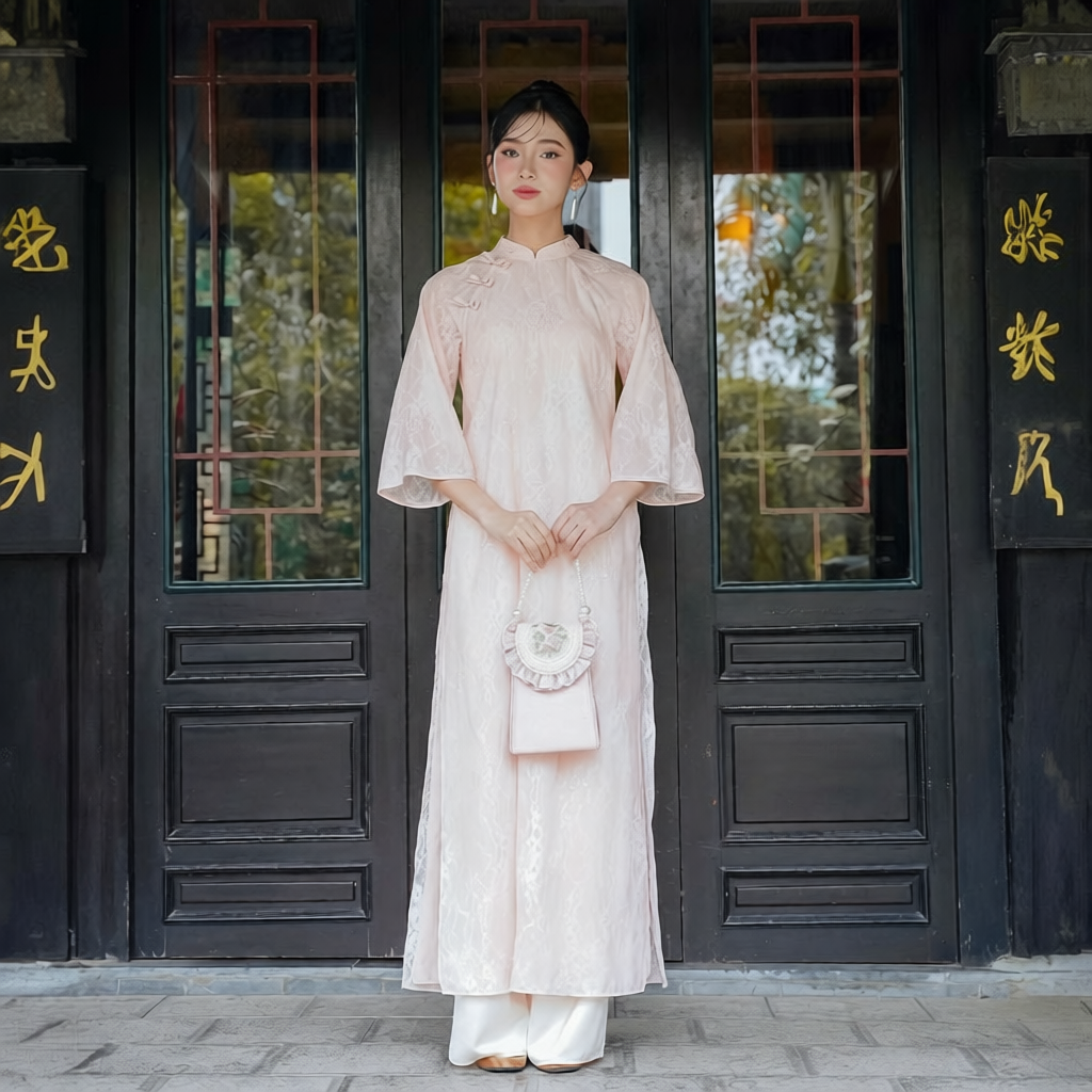 Vietnamese Ao Dai - To Son - Lacy Ao Dai set in Pink [Wedding Collection] - front view in silk in pink by SON