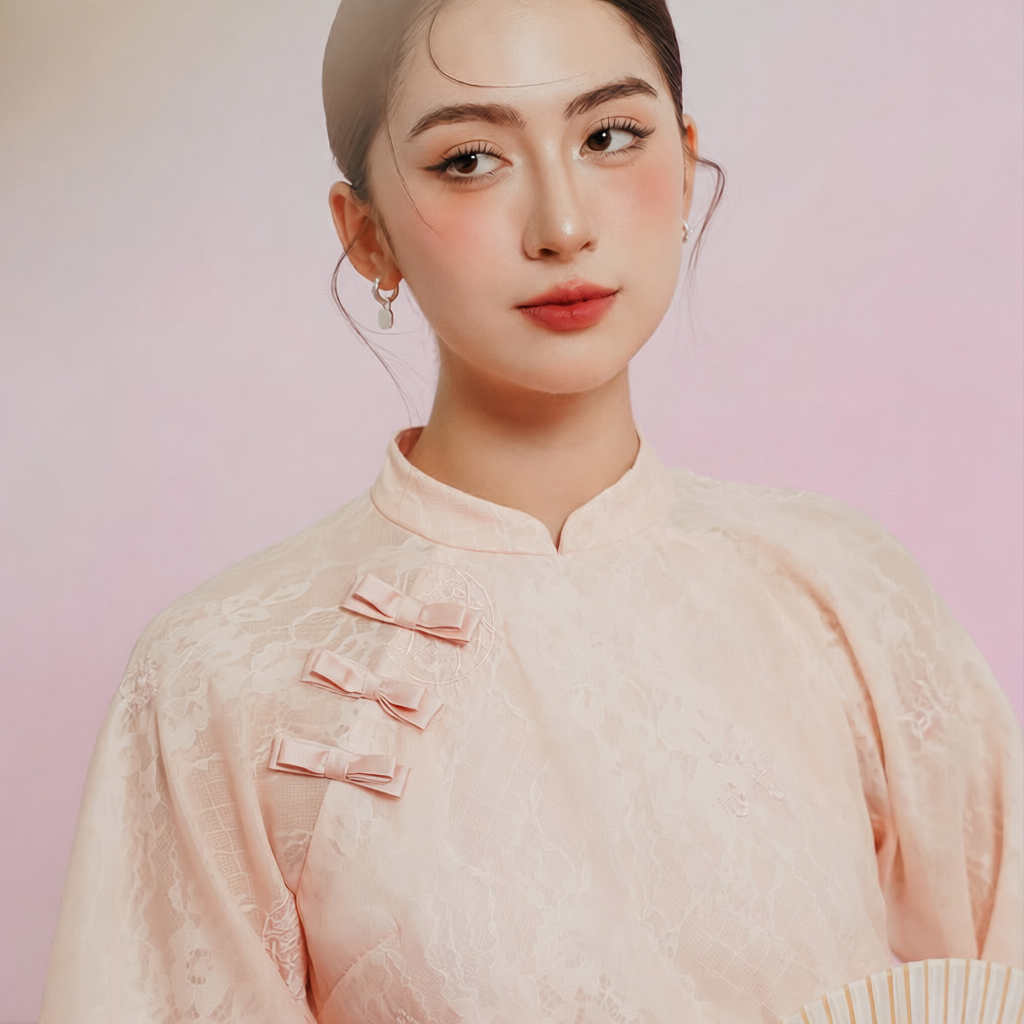 Vietnamese Ao Dai - To Son - Lacy Ao Dai set in Pink [Wedding Collection] - front view in lace in pink by SON