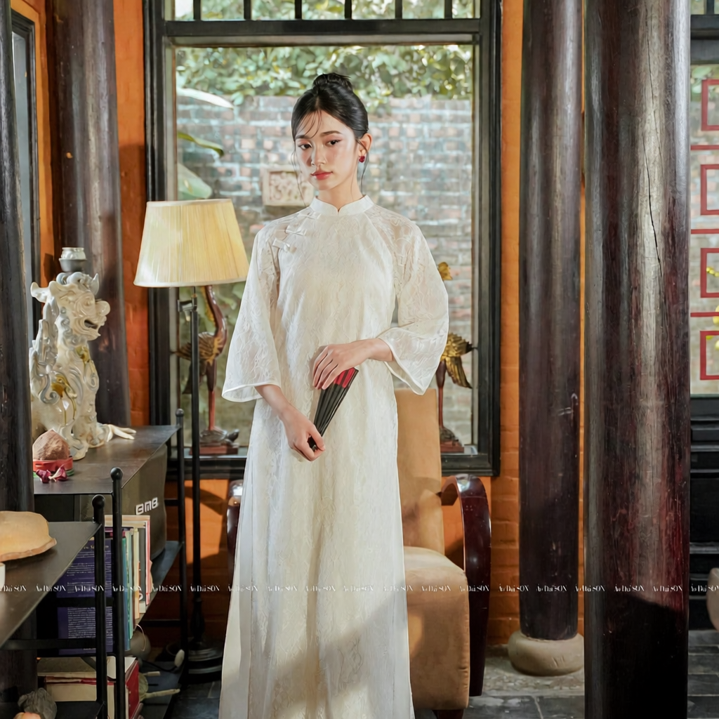 Vietnamese Ao Dai - To Son - Lacy Ao Dai set in White [Wedding Collection] - front view in silk in white by SON