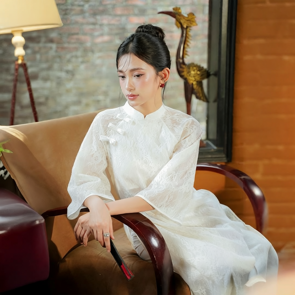 Vietnamese Ao Dai - To Son - Lacy Ao Dai set in White [Wedding Collection] - styled presentation in silk in white by SON