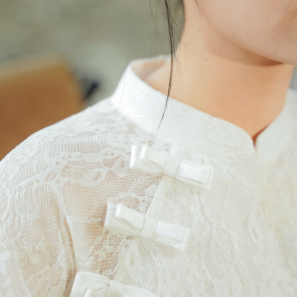 To Son - Lacy Ao Dai set in White [Wedding Collection] - detail close-up in lace in white by SON