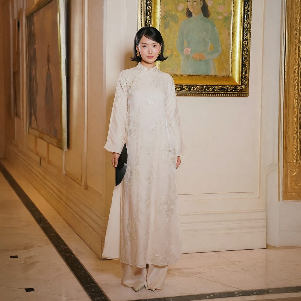 Vietnamese Ao Dai - Tuyet Son - Embroidered Ao Dai set - front view in silk in white by SON