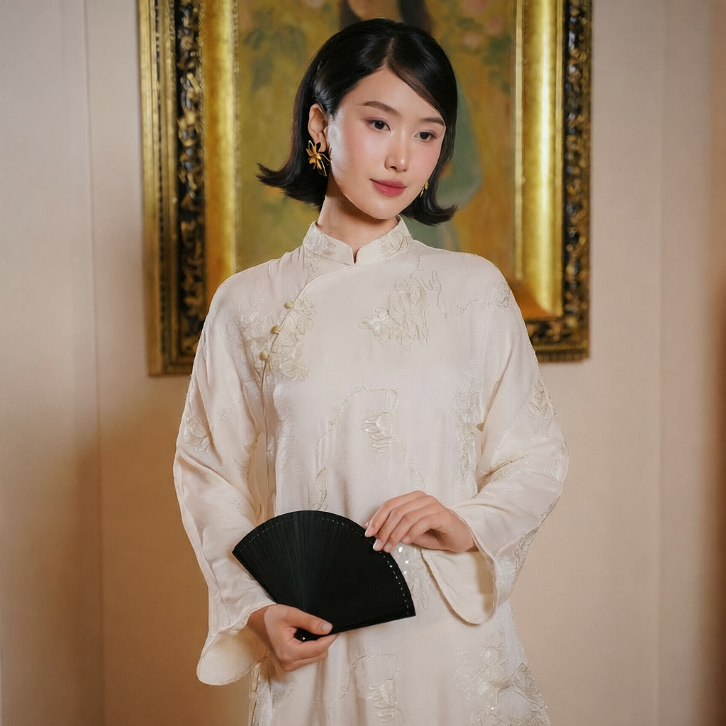 Vietnamese Ao Dai - Tuyet Son - Embroidered Ao Dai set - front view in silk in beige by SON