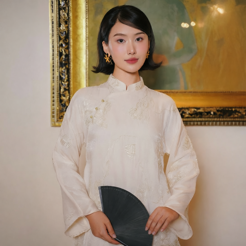 Vietnamese Embroidery - Tuyet Son - Embroidered Ao Dai set - front view in silk in beige by SON