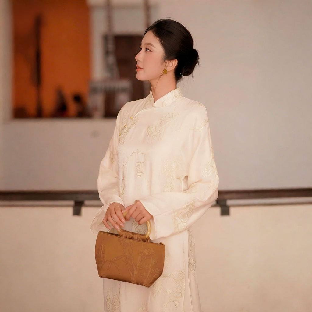 Vietnamese Embroidery - Tuyet Son - Embroidered Ao Dai set - side profile in silk in beige by SON