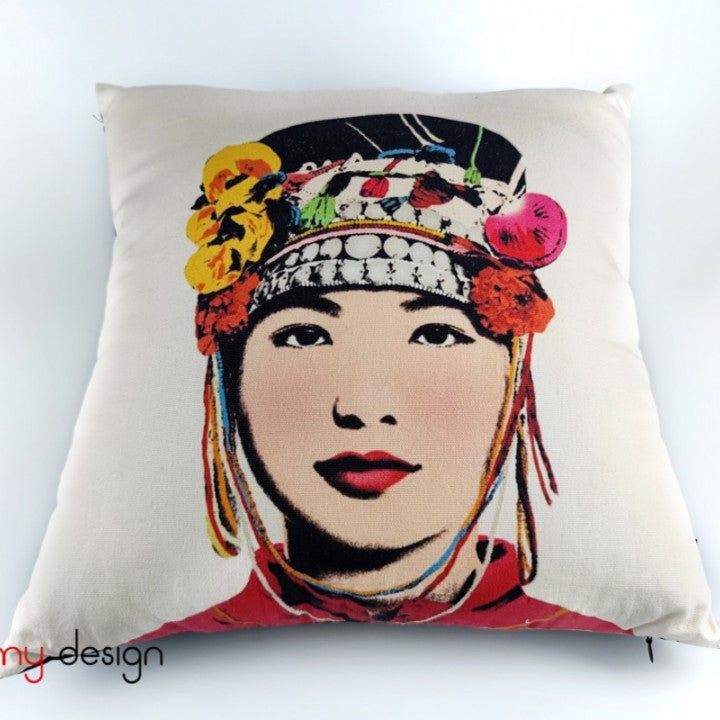 Heritage Portrait Cushion Covers – 45x45 cm - Miss Lao (White) - flat lay display in cotton in beige by Bat-trang