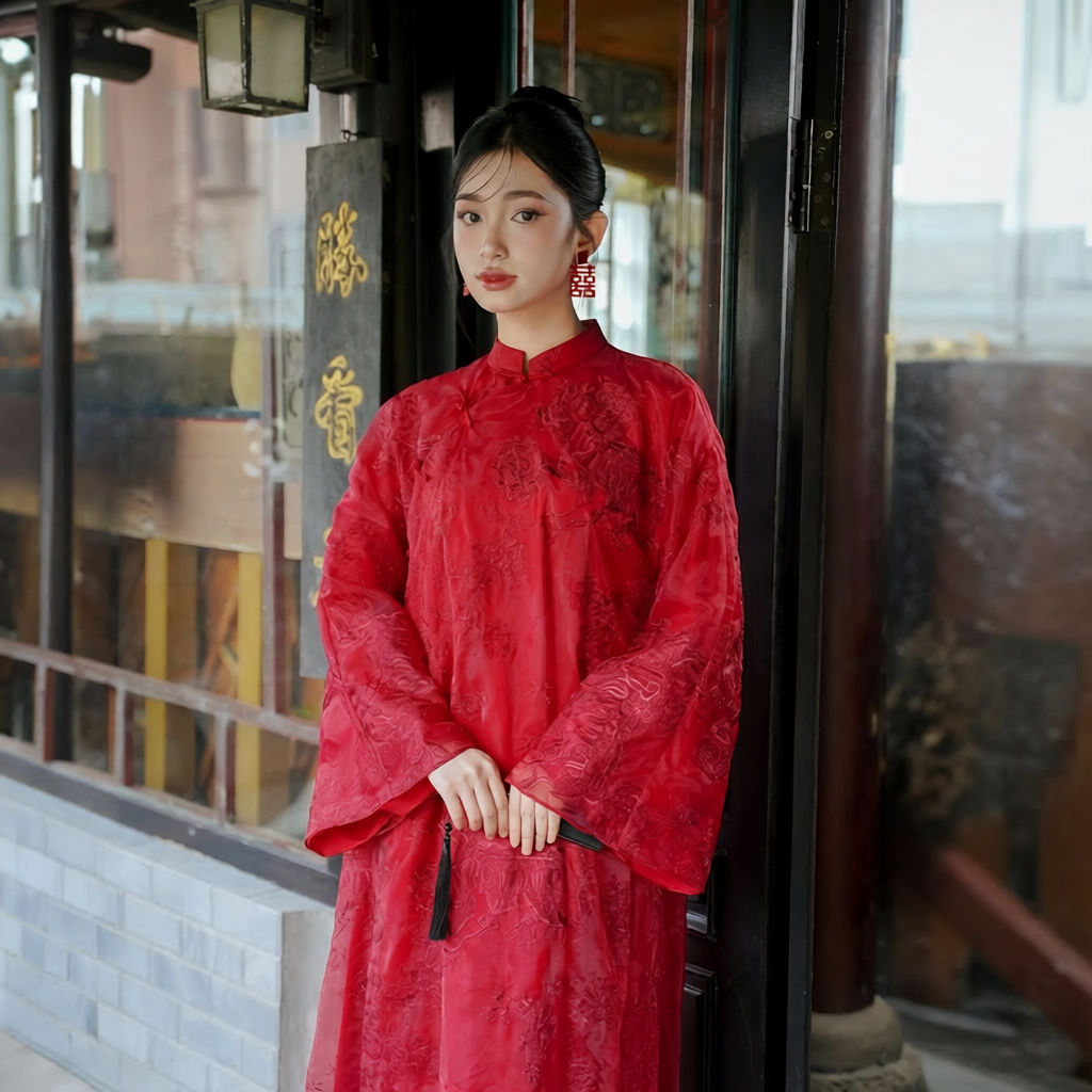 Vietnamese Ao Dai - Uyen Son - Embroidered Organza Ao Dai set in Red [Wedding Collection] - front view in silk in red by SON