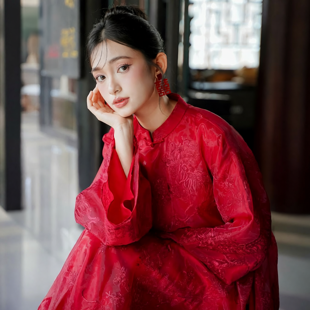 Vietnamese Ao Dai - Uyen Son - Embroidered Organza Ao Dai set in Red [Wedding Collection] - front view in silk in red by SON