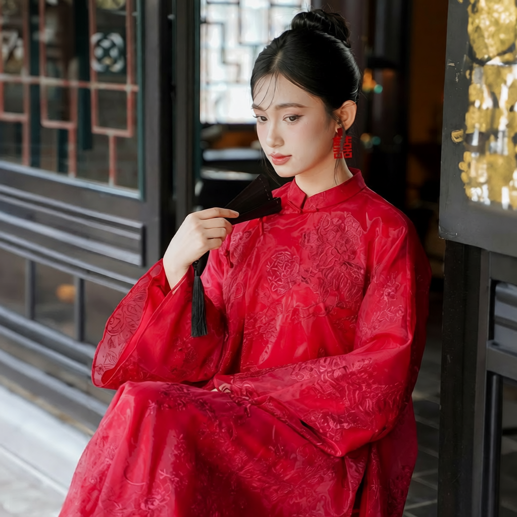 Vietnamese Ao Dai - Uyen Son - Embroidered Organza Ao Dai set in Red [Wedding Collection] - front view in silk in red by SON