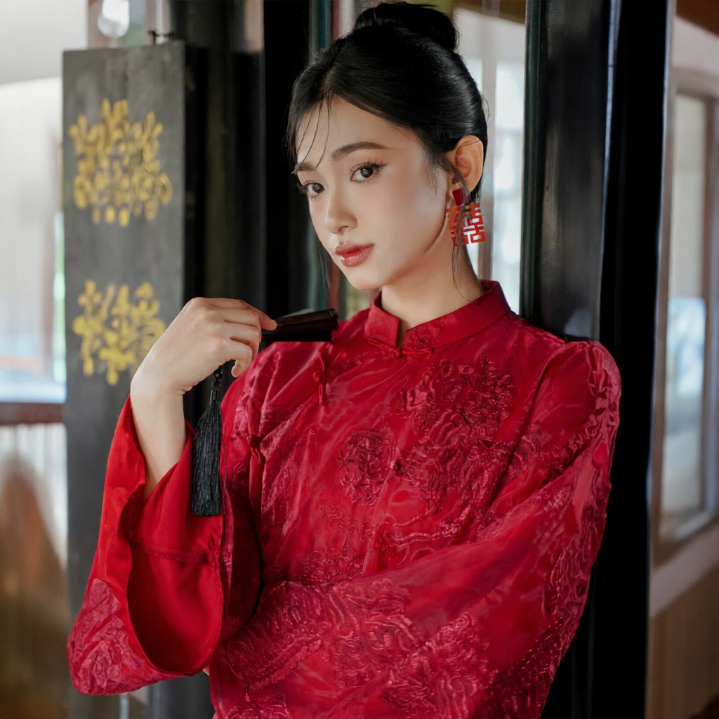 Vietnamese Ao Dai - Uyen Son - Embroidered Organza Ao Dai set in Red [Wedding Collection] - front view in silk in red by SON