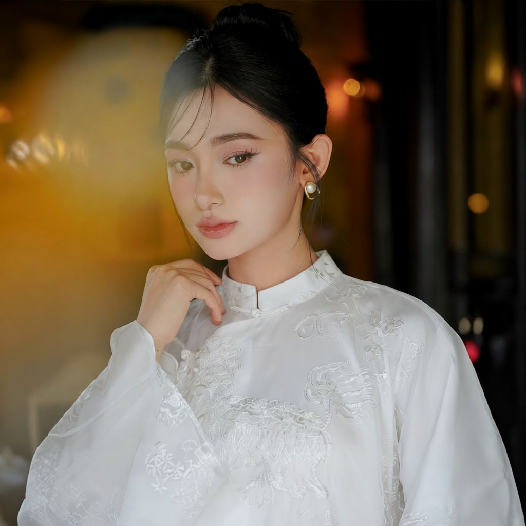 Uyen Son - Embroidered Organza Ao Dai set in White [Wedding Collection] - front view by SON